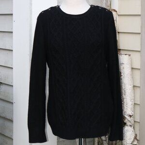 Talbots Black Cable Knit Button Shoulders Crew Neck Sweater Sz LARGE